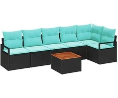 Lauko baldų komplektas Sodo Sofų Rinkinys su pagalve 7 pcs Juoda poliratanas