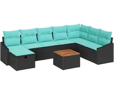 Lauko baldų komplektas Sodo Sofų Rinkinys su pagalve 9 pcs Juoda poliratanas