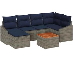 Lauko baldų komplektas Sodo Sofų Rinkinys 7 pcs Pilka ir tamsiai mėlyna poliratanas