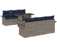 Lauko baldų komplektas Sodo Sofų Rinkinys su pagalve 7 pcs Pilka Poli ratanas