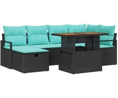 Lauko baldų komplektas Sodo Sofų Rinkinys su pagalve 7 pcs Juoda poliratanas