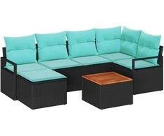 Lauko baldų komplektas Sodo Sofų Rinkinys su pagalve 7 pcs Juoda poliratanas