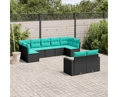 Sofa Sofos komplektas su pagalvėlėmis, 9 dalių, juodas, poliratanas