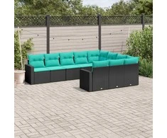 Sofa Sofos komplektas su pagalvėlėmis, 10 dalių, juodas, poliratanas