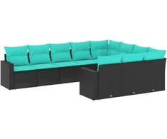 Sofa Sofos komplektas su pagalvėlėmis, 10 dalių, juodas, poliratanas