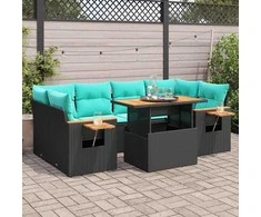 Lauko baldų komplektas Sofos komplektas su pagalvėlėmis, 7 dalių, juodas, poliratanas