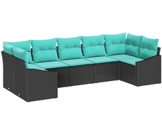 Lauko baldų komplektas Sofos komplektas su pagalve 7 pcs Juoda poliratanas