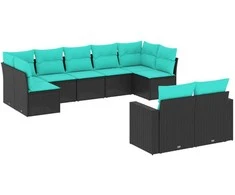Sofa Sofos komplektas su pagalvėlėmis, 9 dalių, juodas, poliratanas