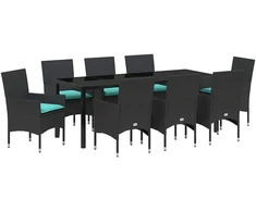 Lauko baldų komplektas Stalo ir kėdžių komplektas su pagalve 9 pcs Juoda PE ratanas