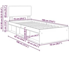 Lova Lovos rėmas Pilkas Sonoma 75 x 190 cm Kietos pušies mediena