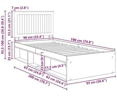 Lova Lovos rėmas Pilkas Sonoma 90 x 190 cm Kietos pušies mediena