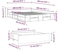 Lovos rėmas su stalčiais, ąžuolo, 160x200cm, apdirbta mediena