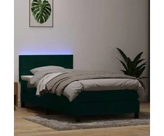 Lova su spyruokliniu/čiužiniu/LED, tamsiai žalia, 80x220 cm, aksominė