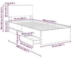 Lova Lovos rėmas Pilkas Sonoma 75 x 190 cm Inžinerinė mediena