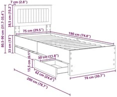 Lova Lovos rėmas Pilkas Sonoma 75 x 190 cm Inžinerinė mediena