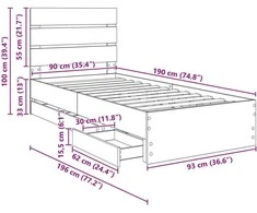Lova Lovos rėmas Pilkas Sonoma 90 x 190 cm Inžinerinė mediena