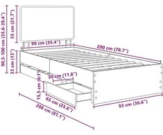 Lova Lovos rėmas Pilkas Sonoma 90 x 200 cm Inžinerinė mediena