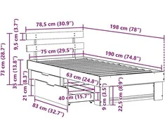 Lova Lovos rėmas su stalčių Balta 75 x 190 cm Kietos pušies mediena