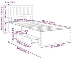 Lova Lovos rėmas Sendintos medienos 90 x 190 cm Apdirbta mediena