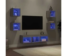 TV staliukas Sieninė TV sekcija su LED, 7 dalių, pilka ąžuolo, mediena