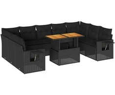 Sofa Sodo komplektas su pagalvėlėmis, 10 dalių, juodas, poliratanas