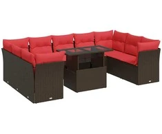 Sofa Sodo komplektas su pagalvėlėmis, 10 dalių, poliratanas/akacija