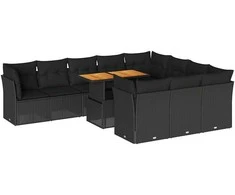 Sofa Sodo komplektas su pagalvėlėmis, 11 dalių, juodas, poliratanas