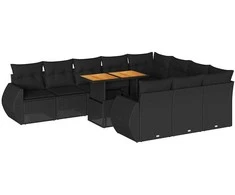 Sofa Sodo komplektas su pagalvėlėmis, 11 dalių, juodas, poliratanas