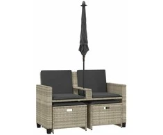 sodo sofa 2-vietė su skėčiu ir kėdėmis šviesiai pilkos spalvos