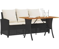 Sodo sofa, 3 vietų, su pagalvėlėmis ir stalu, juoda, poliratanas