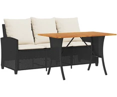 Sodo sofa, 3 vietų, su pagalvėlėmis ir stalu, juoda, poliratanas