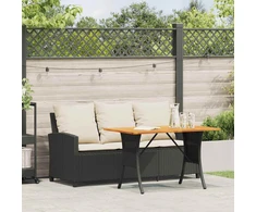 Sodo sofa, 3 vietų, su pagalvėlėmis ir stalu, juoda, poliratanas