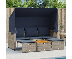 Sodo sofa, 3 vietų, su stogeliu ir taburetėmis, pilka, poliratanas