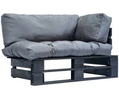Sodo sofa iš palečių su pilkomis pagalvėlėmis, pušies mediena