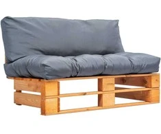 Sodo sofa iš palečių su pilkomis pagalvėlėmis, pušies mediena