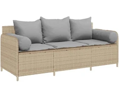 Sodo sofa su pagalvėlėmis, 3 sėdimos vietos, smėlio spalvos, poliratanas