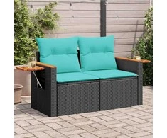 Sodo sofa su pagalvėlėmis, dvivietė, juoda, polirotangas