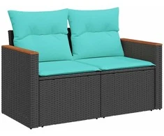 Sodo sofa su pagalvėlėmis, dvivietė, juoda, polirotangas
