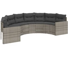 Sodo sofa su pagalvėlėmis, pilka, poliratanas, pusapvalis