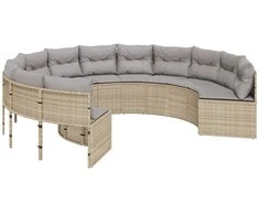 Sodo sofa su pagalvėlėmis, smėlio spalvos, poliratanas, apvali