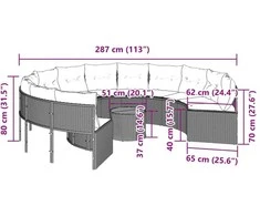 Sodo sofa su stalu/pagalvėlėmis, juoda, poliratanas, apvali