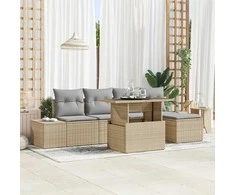 Lauko baldų komplektas Sodo Sofų Rinkinys su saugykla 6 pcs Smėlio Poli ratanas