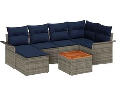 Sodo Sofų Rinkinys 7 pcs Pilka ir tamsiai mėlyna poliratanas