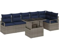 Sodo Sofų Rinkinys 7 pcs Pilka ir tamsiai mėlyna poliratanas