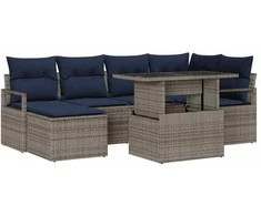 Sodo Sofų Rinkinys 7 pcs Pilka ir tamsiai mėlyna Poli ratanas