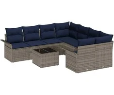 Sodo Sofų Rinkinys 9 pcs Pilka ir tamsiai mėlyna poliratanas