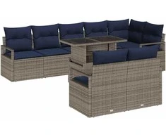 Sodo Sofų Rinkinys 9 pcs Pilka ir tamsiai mėlyna poliratanas