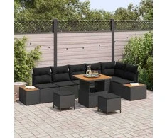 Sodo Sofų Rinkinys su pagalve 9 pcs Juoda Poli ratanas