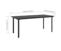 Sodo valgomojo stalas, juodas, 190x90x74cm, plienas ir stiklas