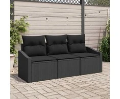 Sodo Sofų Rinkinys su pagalve 3 pcs Juoda poliratanas